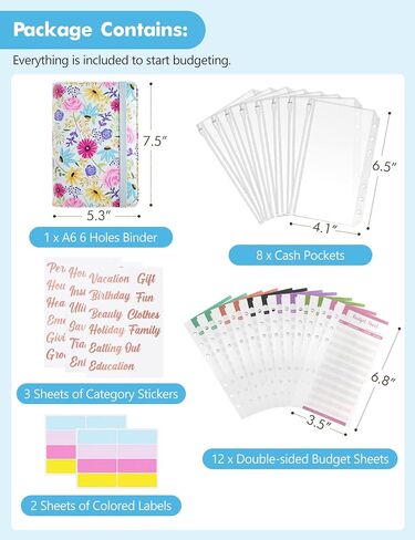 A6 Budget Binder for Money Saving Binder, PU Leather Budget Planner with 8 Cash Envelopes, Budget Sheets & Rose Gold Category Stickers, Money Organizer for Cash Binder (Black Sunflower) in Kuwait