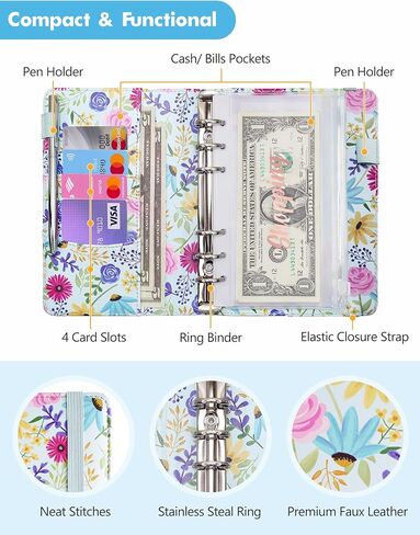 A6 Budget Binder for Money Saving Binder, PU Leather Budget Planner with 8 Cash Envelopes, Budget Sheets & Rose Gold Category Stickers, Money Organizer for Cash Binder (Black Sunflower) in Kuwait