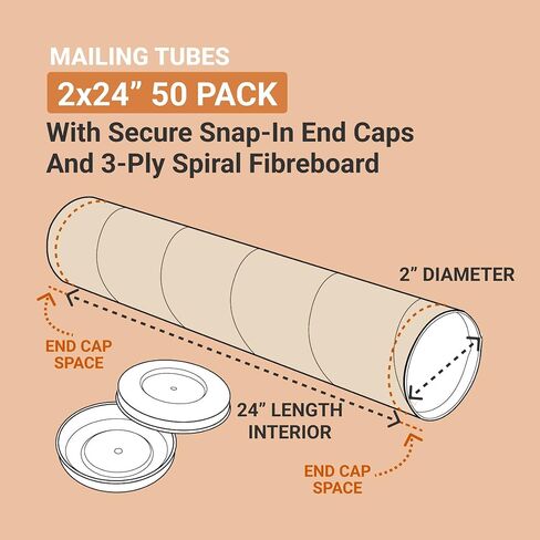 AVIDITI Mailing Tubes with Caps, 2 Inch x 24"L, 50-Pack | Cardboard Tube Mailer for Poster Box, Blueprint, Teachers, Artwork, Long Art Holder, 2x24 Kraft, P2024K in Saudi Arabia