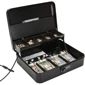 Jssmst Large Locking Cash Box with Money Tray, Metal Money Box with Combination Lock Cash Safe with Security Cable, Black, SM-CB02302XL