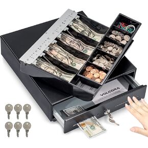 Volcora 16" Push Open Cash Register Drawer for Point of Sale (POS) System, Fully Removable White Heavy Duty Till with 5 Bills/8 Coin Slots, Key Lock and Double Media Slots