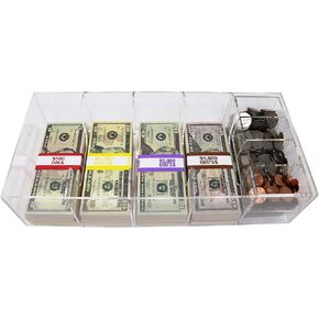 Acrylic Locking Currency Tray, 5 Compartment Cash Organizer Money Storage Box with Lockable Cover, 300 Currency Wrappers Included in Kuwait