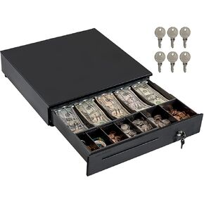 Volcora Electronic Cash Register Drawer for Point of Sale (POS) System, 5 Bill/8 Coin, 16" with Adjustable Coin Slots, 24V, RJ11/RJ12 Key-Lock, Media Slot, Black