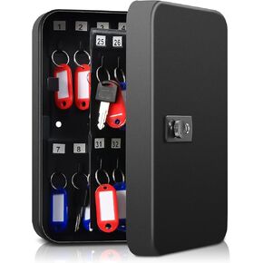 Dalmbox Key Cabinet with Combination Lock, Key Storage Box Wall Mount, Steel Security Locking Key Lock Box with Code, 60 Key Hooks and Colored Key Tag Labels, 11.81 x 9.45 x 3 inch, Black