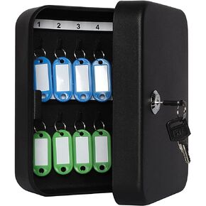 Jssmst Key Lock Box Wall Mount Security Key Storage Box, Locking Key Cabinet Wall Mount with 20 Key Hooks & Tags Key Labels, 7.87 x 6.3 x 2.95 inches, Black Matt