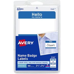 بطاقات اسم Avery Hello My Name Is Name Is، بيضاء مع حدود زرقاء، 100 شارة اسم قابلة للإزالة (05141) in Kuwait