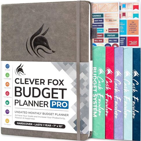 Clever Fox Budget Planner Pro - منظم مالي + نظام ميزانية المغلف النقدي. مجلة مالية شهرية، متتبع النفقات ودفتر الحسابات الشخصية. غير مؤرخ - ابدأ في أي وقت. (7 × 10 بوصة) - رمادي in Kuwait