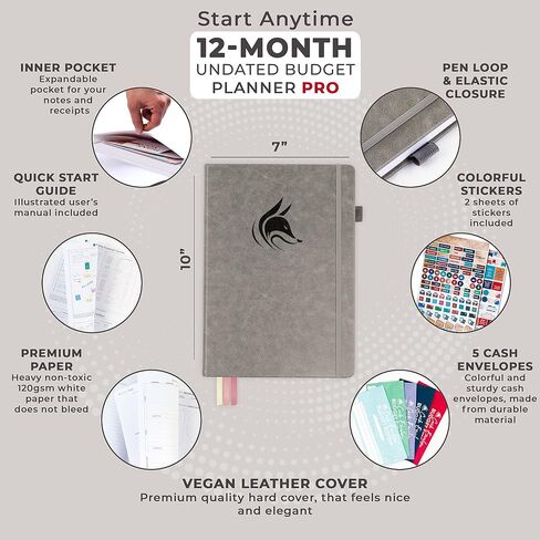 Clever Fox Budget Planner Pro - منظم مالي + نظام ميزانية المغلف النقدي. مجلة مالية شهرية، متتبع النفقات ودفتر الحسابات الشخصية. غير مؤرخ - ابدأ في أي وقت. (7 × 10 بوصة) - رمادي in Kuwait