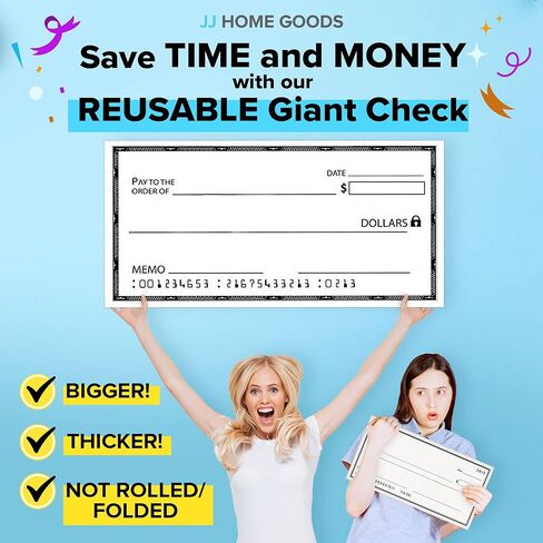 JJ Home Goods شيك عملاق للمسح الجاف [48 بوصة × 24 بوصة] شيك مزيف كبير الحجم - شيكات كبيرة للعروض التقديمية - شيك كبير قابل لإعادة الاستخدام لجوائز التبرع وجمع التبرعات ومسابقات اليانصيب الخيرية in Kuwait