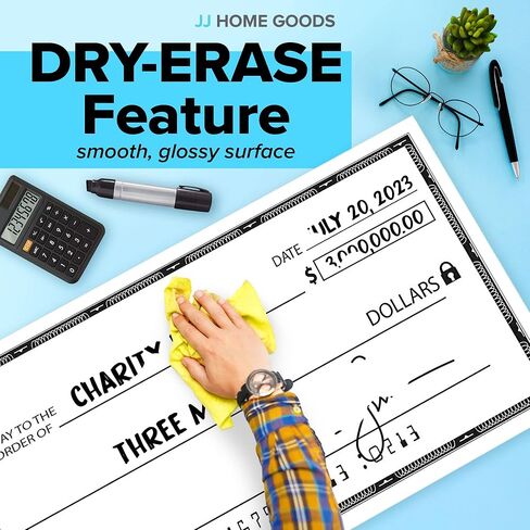 JJ Home Goods شيك عملاق للمسح الجاف [48 بوصة × 24 بوصة] شيك مزيف كبير الحجم - شيكات كبيرة للعروض التقديمية - شيك كبير قابل لإعادة الاستخدام لجوائز التبرع وجمع التبرعات ومسابقات اليانصيب الخيرية in Kuwait