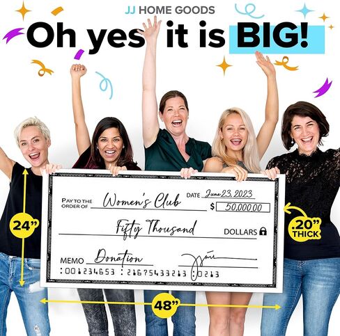 JJ Home Goods شيك عملاق للمسح الجاف [48 بوصة × 24 بوصة] شيك مزيف كبير الحجم - شيكات كبيرة للعروض التقديمية - شيك كبير قابل لإعادة الاستخدام لجوائز التبرع وجمع التبرعات ومسابقات اليانصيب الخيرية in Kuwait