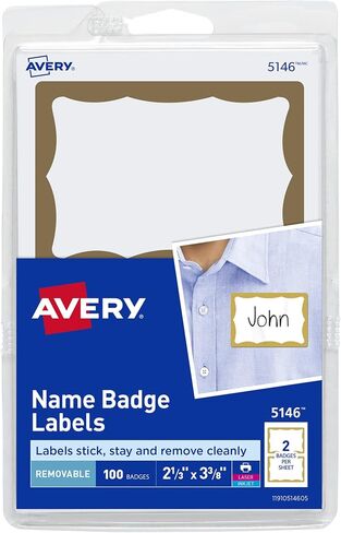 Avery Personalized Name Tags, Print or Write, Gold Border, 2-11/32" x 3-3/8", 100 Adhesive Tags (5146) in Saudi Arabia