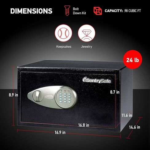 SentrySafe Security Safe مع قفل لوحة المفاتيح الرقمية، آمن من الصلب مع بطانة داخلية، كابل ربط ومجموعة مسامير للأسفل، 0.98 قدم مكعب، 8.9 × 16.9 × 13.6 بوصة، X105 in Kuwait