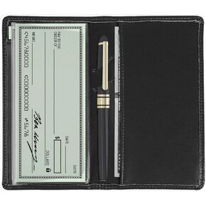 Leather Checkbook Cover for Men and Women, RFID Blocking Check Book Case Card Holder with Free Divider, Standard Register Duplicate Checks with pen inserts, Beige
