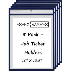 5 Pack, Black, Job Ticket Holders, 10" Wide x 13.5" Tall - Clear Plastic Shop Ticket Holders - Easy to Use, Reusable & Easy Erase Plastic Invoice Holders, Water-Resistant & Durable
