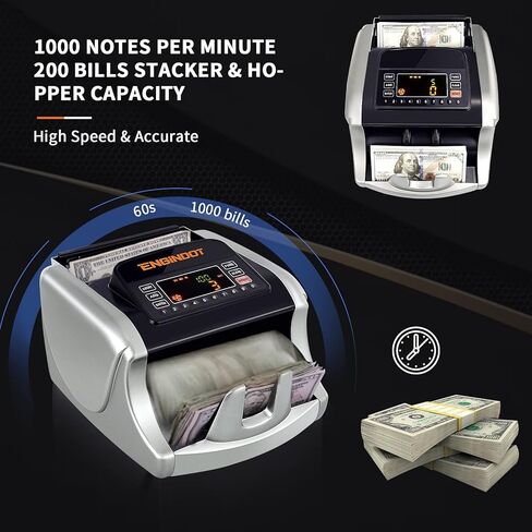 ماكينة عداد النقود ENGiNDOT مع UV/MG/IR/DBL/HLF/CHN/DD للكشف عن المزيفة، شاشة LED كبيرة لعداد الفاتورة مع ملحقات وفيرة (فضي) in Kuwait