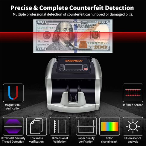 ماكينة عداد النقود ENGiNDOT مع UV/MG/IR/DBL/HLF/CHN/DD للكشف عن المزيفة، شاشة LED كبيرة لعداد الفاتورة مع ملحقات وفيرة (فضي) in Kuwait