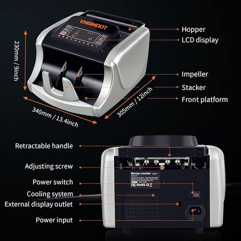 ماكينة عداد النقود ENGiNDOT مع UV/MG/IR/DBL/HLF/CHN/DD للكشف عن المزيفة، شاشة LED كبيرة لعداد الفاتورة مع ملحقات وفيرة (فضي) in Kuwait
