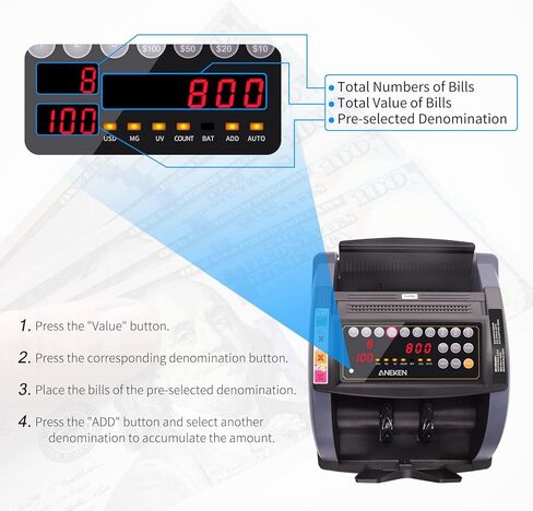عداد النقود Aneken مع عدد القيمة، كشف التزييف بالأشعة فوق البنفسجية/MG/IR لآلة عداد الفواتير بالدولار واليورو مع أوضاع العد/الإضافة/الدفعة/التلقائية، عداد النقود مع شاشة LCD خارجية، ضمان لمدة عامين in Kuwait