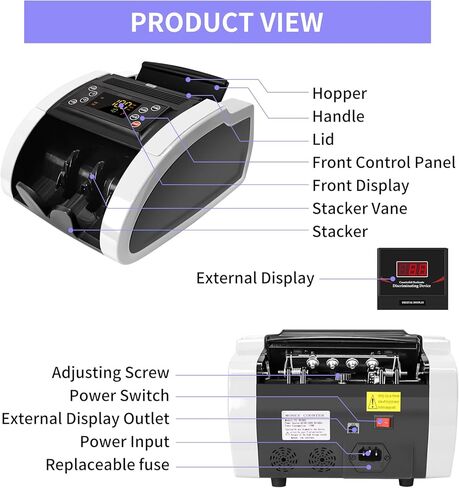 ماكينة عد النقود من Aneken مزودة بتقنية كشف التزييف بالأشعة فوق البنفسجية/MG/IR/DBL/HLF/CHN، آلة عد الفواتير المحمولة في الولايات المتحدة الأمريكية/اليورو، عداد الفواتير مع شاشة خارجية LED، أوضاع الإضافة والدفعة، ضمان لمدة عامين in Kuwait
