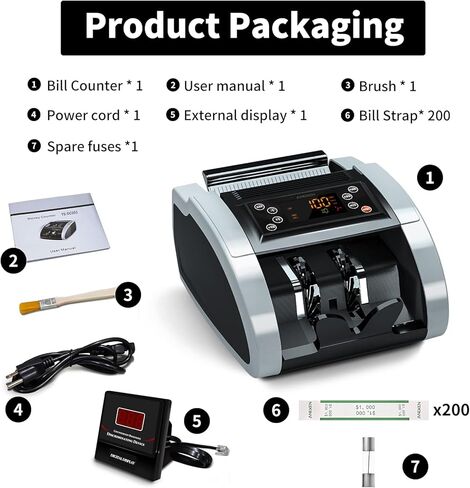 ماكينة عد النقود من Aneken مزودة بتقنية كشف التزييف بالأشعة فوق البنفسجية/MG/IR/DBL/HLF/CHN، آلة عد الفواتير المحمولة في الولايات المتحدة الأمريكية/اليورو، عداد الفواتير مع شاشة خارجية LED، أوضاع الإضافة والدفعة، ضمان لمدة عامين in Kuwait