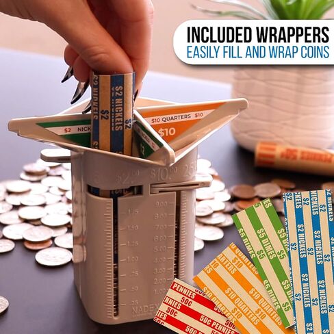 Nadex All-in-One Manual Coin Tender - Counter and Wrapper Tube with 32 Coin Wrappers | Great Storage and Organization Solution | Slots for Pennies, Nickels, Dimes, and Quarters in Saudi Arabia