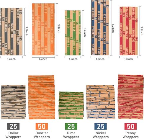 L LIKED 300 Assorted Bundle Flat Striped Coin Wrappers (150 of Quarter, 60 of Nickel&Dime, 30 of Dollar) in Saudi Arabia