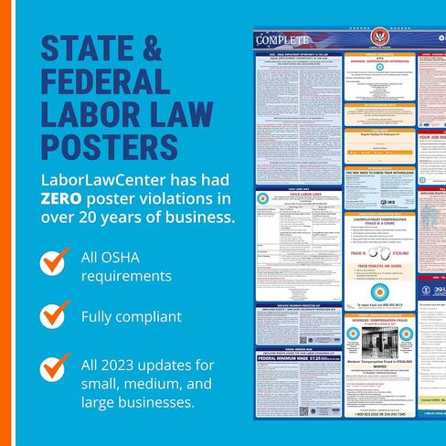 Updated 2023 California State & Federal Labor Law Poster- Includes Current April FLSA, FMLA, and EPPA Updates- OSHA Workplace Compliant & Required- UV Laminated & Waterproof - 25" x 39" (English) in Kuwait