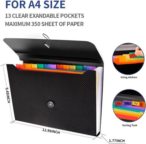 Expanding File Folder, 13 Pockets Accordion File Holder Organizer, A4 Letter Size Paper Document Receipt Organizer Accordian Filing Folder for Classroom, Home, Office and Travel in Kuwait