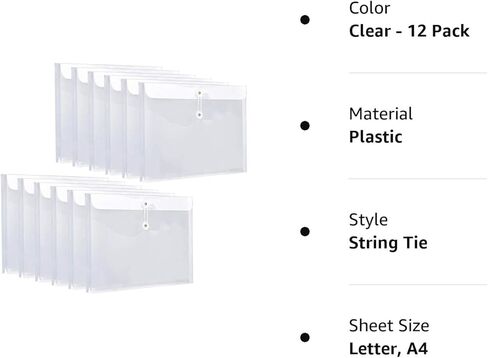 مظاريف بلاستيكية بحجم الحروف من FANWU مع زر وربطة عنق للإغلاق، توسيع 1-1/6 بوصة، تحميل جانبي، مجلدات ملفات بولي شفافة قابلة لإعادة الاستخدام، منظم مستندات ورقية للمشروع للمكتب والمدرسة والمنزل in Kuwait