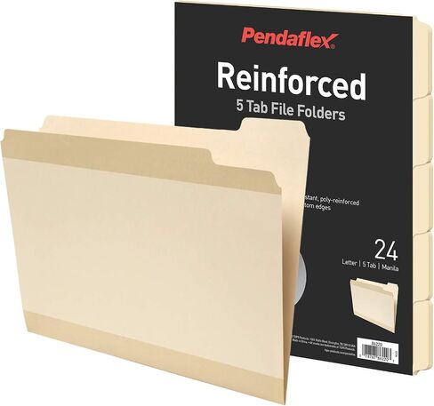 Pendaflex Reinforced File Folders, Extra Durable, Poly Reinforced Edges, Manila, Letter Size, 1/5 Cut Tabs, 24 Per Pack (86220) in Saudi Arabia