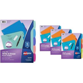 Avery Durable Plastic 5-Tab Write & Erase Big Tab Dividers for 3 Ring Binders, Pastel Brights (16270) (Pack of 2)