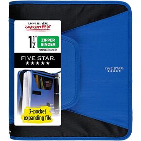 Five Star Zipper Binder, 1-1/2 Inch 3-Ring Binder for School, 3 Pocket Expanding File, 500 Sheet Capacity, Blue (72202)
