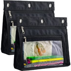 YoeeJob 2 Pack 1 Inch Expandable Zipper Pencil Pouches with Clear Window for 3 Ring Binder, Suitable for School & Office (Black)