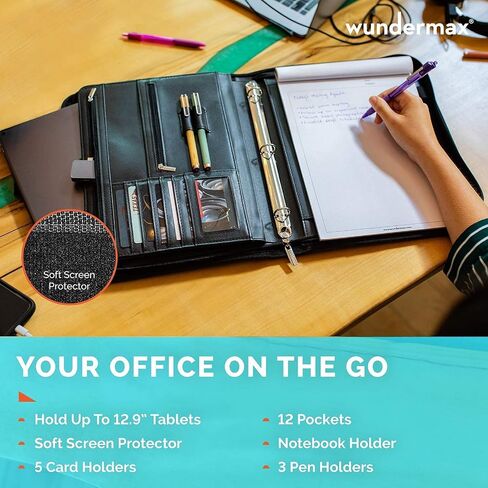 Wundermax Portfolio Binder - 13 x 10.7 x 1.9 Inch, Vegan Leather, 3-Ring Padfolio for Women and Men w/Handle, Zipper, Notepad, Detachable Binder and Pockets for Tablet, Resume and Documents - Black in Saudi Arabia