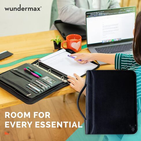 Wundermax Portfolio Binder - 13 x 10.7 x 1.9 Inch, Vegan Leather, 3-Ring Padfolio for Women and Men w/Handle, Zipper, Notepad, Detachable Binder and Pockets for Tablet, Resume and Documents - Black in Saudi Arabia