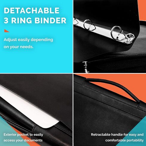 Wundermax Portfolio Binder - 13 x 10.7 x 1.9 Inch, Vegan Leather, 3-Ring Padfolio for Women and Men w/Handle, Zipper, Notepad, Detachable Binder and Pockets for Tablet, Resume and Documents - Black in Saudi Arabia