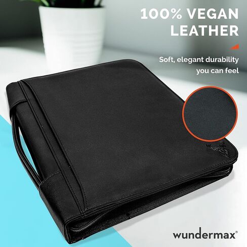 Wundermax Portfolio Binder - 13 x 10.7 x 1.9 Inch, Vegan Leather, 3-Ring Padfolio for Women and Men w/Handle, Zipper, Notepad, Detachable Binder and Pockets for Tablet, Resume and Documents - Black in Saudi Arabia