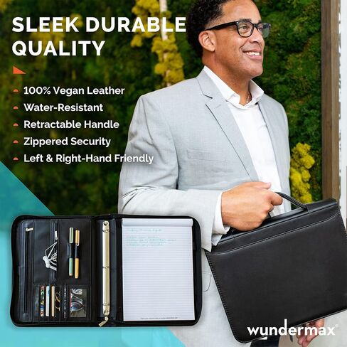 Wundermax Portfolio Binder - 13 x 10.7 x 1.9 Inch, Vegan Leather, 3-Ring Padfolio for Women and Men w/Handle, Zipper, Notepad, Detachable Binder and Pockets for Tablet, Resume and Documents - Black in Saudi Arabia