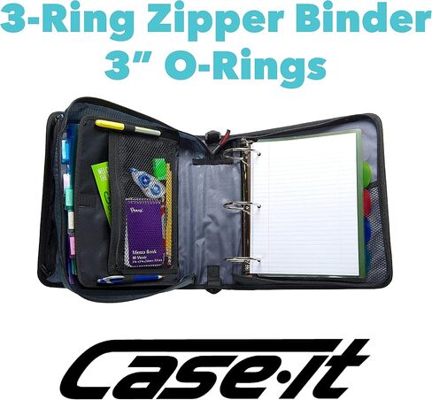 Case-it The Mighty Zip Tab Zipper Binder - 3 Inch O-Rings - 5 Color Tab Expanding File Folder - Multiple Pockets - 600 Sheet Capacity - Comes with Shoulder Strap - Black D-146 in Saudi Arabia