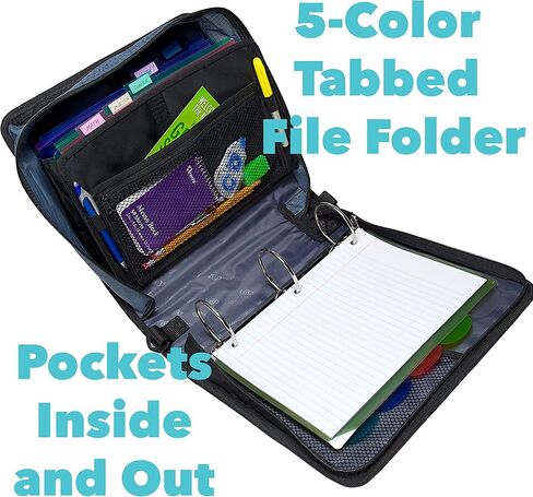 Case-it The Mighty Zip Tab Zipper Binder - 3 Inch O-Rings - 5 Color Tab Expanding File Folder - Multiple Pockets - 600 Sheet Capacity - Comes with Shoulder Strap - Black D-146 in Saudi Arabia