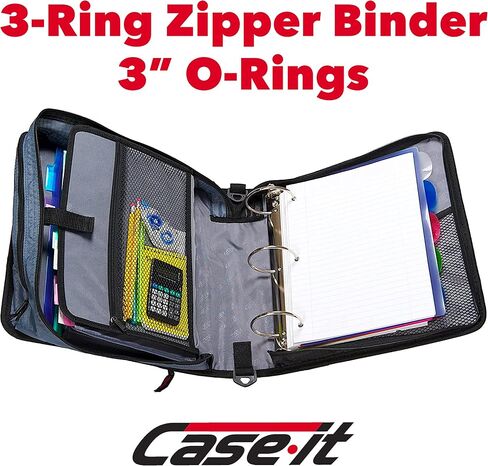 Case-it The Mighty Zip Tab Zipper Binder - 3 Inch O-Rings - 5 Color Tab Expanding File Folder - Multiple Pockets - 600 Sheet Capacity - Comes with Shoulder Strap - Black D-146 in Saudi Arabia