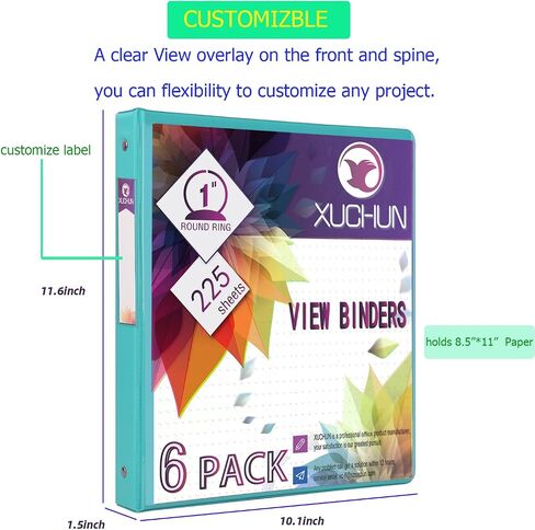 XUCHUN 6 عبوات مقاس 1 بوصة مستديرة 3 حلقات عرض مع جيبين، تحمل 225 ورقة بألوان متنوعة للمكتب والمنزل والمدرسة (متعددة الألوان) in Kuwait
