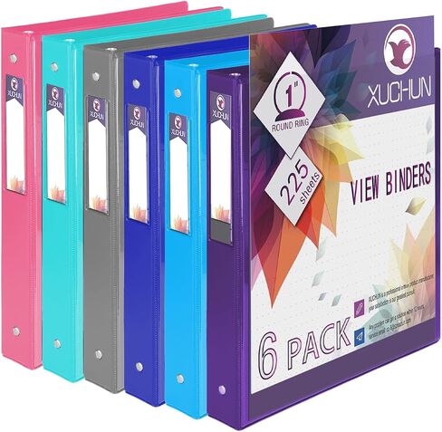 XUCHUN 6 عبوات مقاس 1 بوصة مستديرة 3 حلقات عرض مع جيبين، تحمل 225 ورقة بألوان متنوعة للمكتب والمنزل والمدرسة (متعددة الألوان) in Kuwait