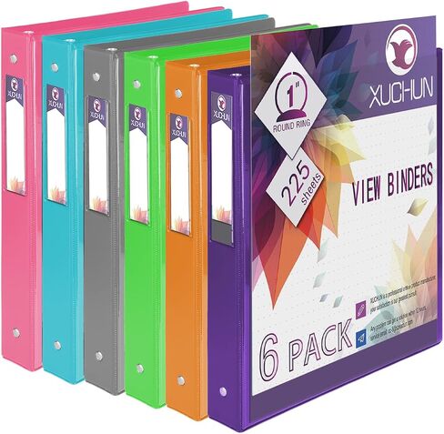 XUCHUN 6 عبوات مقاس 1 بوصة مستديرة 3 حلقات عرض مع جيبين، تحمل 225 ورقة بألوان متنوعة للمكتب والمنزل والمدرسة (متعددة الألوان) in Kuwait