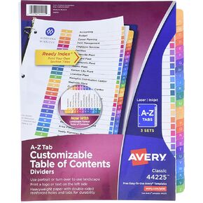 فواصل علامات التبويب Avery A-Z لـ 3 مجلدات حلقية، جدول محتويات قابل للتخصيص، علامات تبويب متعددة الألوان، مجموعة واحدة (11125) in Kuwait