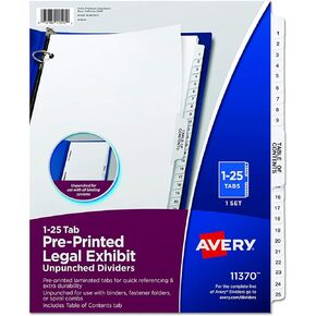 Premium Collated Legal Exhibit Divider Set, Avery Style, 1-25 and Table of Contents, Side Tab, 8.5 x 11 Inches, 20 Set (11370) in Kuwait