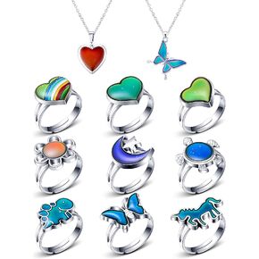 Hicarer 9 Pieces Mood Rings with 2 Mood Necklaces Color Change Ring Adjustable Size Mood Rings Set for Birthday Party Favors Carnival Costume Accessories, Boys, Girls, Adults, Multi Types