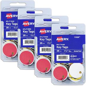 Avery Metal Rim Key Tags, 1.25" Diameter Tag, Metal Split Ring, Assorted Colors, 25 Tags (11020)