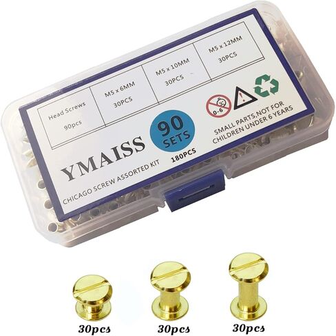 YMAISS 90 مجموعة من براغي شيكاغو 3 مقاس 1/4، 3/8، 1/2 بوصة أعمدة تجليد الكتب، براغي تثبيت زر شيكاغو، مسامير حزام لولبية، ألبومات صور جلدية، رأس مسطح مستدير، لون فضي in Kuwait